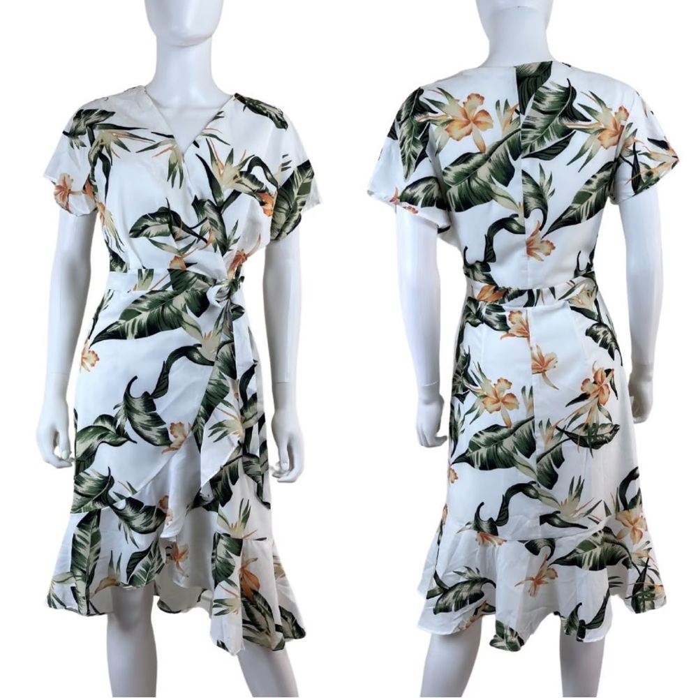 Lucy Paris Women's Ivory Multi Floral-print Ruffled-hem Wrap Dress Size Large